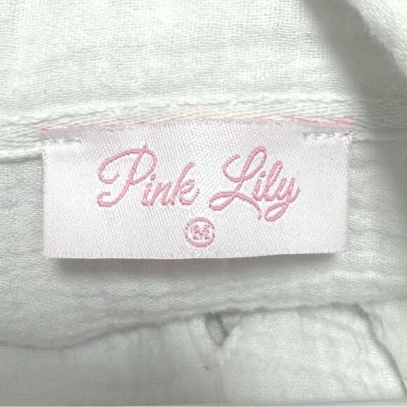 Pink Lily Popover Collared Gauze Crepe Raw Hem Ruffle Top White Medium - Picture 6 of 7